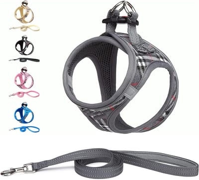 Famanu – Hondentuig Kleine honden met riem - anti-trektuig Reflecterend ademend borsttuig - puppytuig voor kleine - middelgrote honden (L - Grijs geruit)