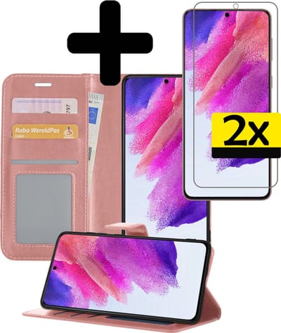 Hoesje - Met 2x Screenprotector - Geschikt voor Samsung Galaxy S21 FE - Luxe Pasjeshouder - Bookcase Portemonee - Flip Case - Kunstleer Book Case - Flipcase Hoes - Book Cover - Walletcase - Portemonneehoes - Telefoonhoesjes - Rosé goud