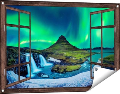 Gards Tuinposter Doorkijk Noorderlicht bij de Watervallen in IJsland - 90x60 cm - Tuindoek - Tuindecoratie - Wanddecoratie buiten - Tuinschilderij