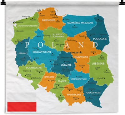 Wandkleed Kaart Polen - Kaart van Polen in felle kleuren Wandkleed katoen 90x90 cm - Wandtapijt met foto