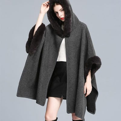 Herfst en winter imitatie rex konijnenbont kraag capuchon sjaal dames grote maat wollen jas mantel losse cardigan dames M gray