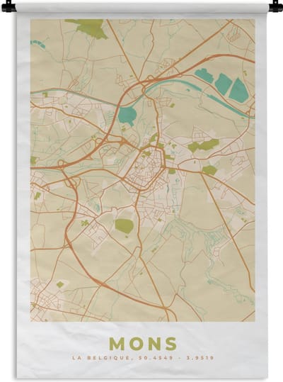 Wandkleed - Wanddoek - Plattegrond - Kaart - België - Stadskaart - Vintage - Mons - 120x180 cm - Wandtapijt