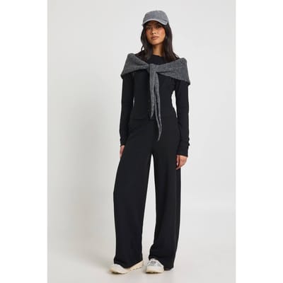 boohoo Dames Petite Geribbelde Doorknoop Lange Mouwen Top En Wijde Pijpen Broek Co-ord Set | Zwart | Maat: 34