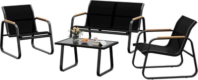 4-delige Tuinset - Loungeset voor 4 Personen - Textilene & Staal - Inclusief Bank, 2 Stoelen en Glazen Tafel - Modern Design met Houtlook - Antraciet