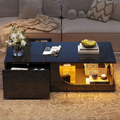 Pugsdrly Salontafel 100*50*30 cm, salontafel met 2 lades, glanzende bijzettafel voor de woonkamer, salontafel van MDF, salontafel met LED, tafelblad van gehard glas, zwarte designtafel