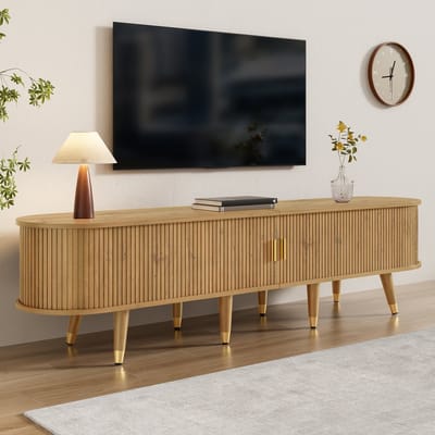 DESMIU Tv Meubel - Met Schuifdeur En Veel Opbergruimte - Voor Woonkamer En Mediahoek - MDF In Houtkleur - 175x38x45 Cm
