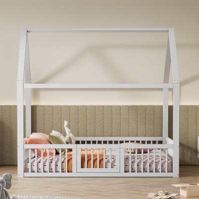 STILVORA Kinderbed 140x200 cm – Huisbed Met Veiligheidshek & Deurtje – Met Slinger – Voor Kinderkamer – Grenen – Wit – Zonder matras