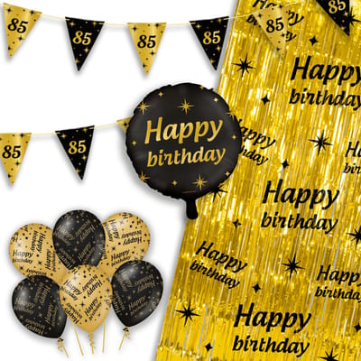 LUQ – Party Essentials 85 Jaar – Zwart-Goud Verjaardag Feest Versiering – Luxe Ballonnen-Slingers-Vlaggenlijn-Gordijn