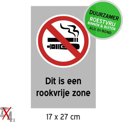 Pictogram/ bord Dibond | "Dit is een rookvrije zone" | 17 x 27 cm | Elektronisch roken | Vape | Dampen | Duurzaam | Roestvrij | Rook verbod | 1 stuk