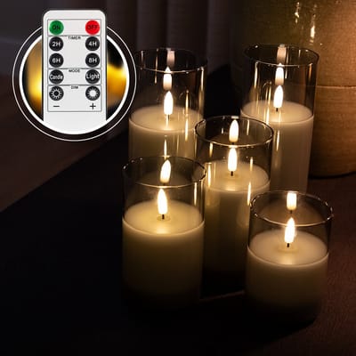Akaro Oplaadbare LED Kaarsen – 5 LED Kaarsen met Grijs Glas – inclusief afstandsbediening – met oplaadsnoer – 55+ uur brandtijd – veilig en duurzaam – waxinelichtjes – theelichtjes - nep kaarsen
