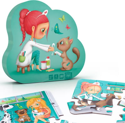 Eurekakids Puzzel 4 in 1 Dierenarts - Dieren Dokter - Vier Kinderpuzzels in Stijlvolle Verpakking - 6, 9, 12 en 16 Stukjes