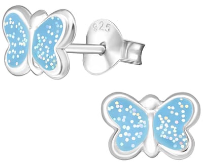Joy|S - Zilveren vlinder oorbellen - blauw met glitter - voor kinderen
