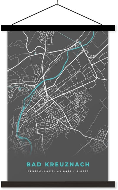 Posterhanger incl. Poster 40x60 cm - Schoolplaat - Bad Kreuznach – Stadskaart – Blauw – Plattegrond – Stadskaart – Kaart - Duitsland - Textielposter - Zwarte latten - Stadskaart