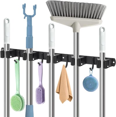 Broom Holder voor Muur met 5 Houder en 4 Haken, Sterke RVS Gereedschap Houder voor Garage en Tuin