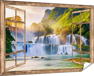 Gards Tuinposter Doorkijk Watervallen tussen de Bomen - 180x120 cm - Tuindoek - Tuindecoratie - Wanddecoratie buiten - Tuinschilderij