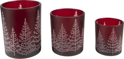 Clayre & Eef Theelichthouder Set van 3 Rood Glas Rond Dennenbomen Waxinelichthouder