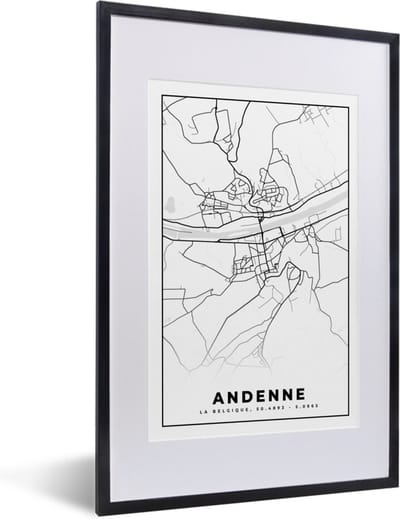 Fotolijst incl. Poster Zwart Wit- Zwart Wit – België – Plattegrond – Stadskaart – Kaart – Andenne - 40x60 cm - Posterlijst
