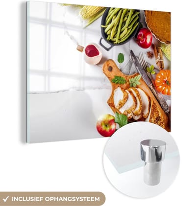 MuchoWow® Glasschilderij 120x90 cm - Schilderij acrylglas - Groente - Vlees - Keuken - Kruiden - Foto op glas - Schilderijen