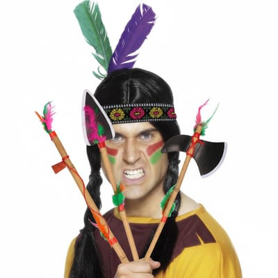 Indianen verkleed accessoires set - Veren tooi - speer - tomahawk bijl - met ornamenten - voor volwassenen