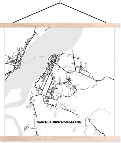 Posterhanger incl. Poster 40x40 cm - Schoolplaat - Stadskaart - Saint-Laurent-du-Maroni - Plattegrond - Kaart - Frankrijk - Zwart wit - Textielposter - Blanke latten - Stadskaart