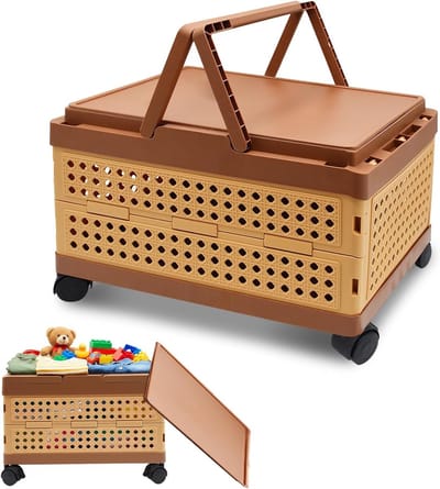 Vouwbare Opbergdoos met 4 Wielen, Waterdichte Opbergmand met Deksel voor Binnen en Buiten, 43 x 33.5 x 9 cm, Draagvermogen 24 kg, Ideaal voor Organisatie en Ruimtebesparing