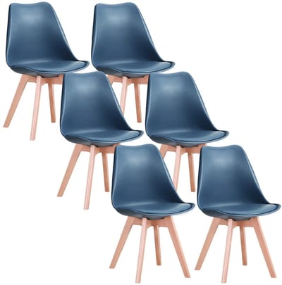 NaevaMi Eetkamerstoelen - Eetkamerstoelen Set van 6 - Eetkamerstoelen met Houten Poten - Modern en Minimalistisch - Pu Gewatteerde Zitting - Beukenhout Benen - Nordic Stoel Voor Keuken Woonkamer/Eetkamer - Blauw