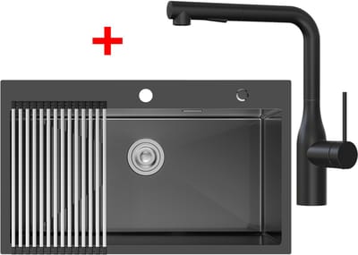 CECIPA Max Spoelbak Keuken 75x45 cm - Spoelbakken Met Keukenkraan en Afdruip - Enkele spoelbak Met Waterafvoersysteem - Wasbak Keuken Antraciet