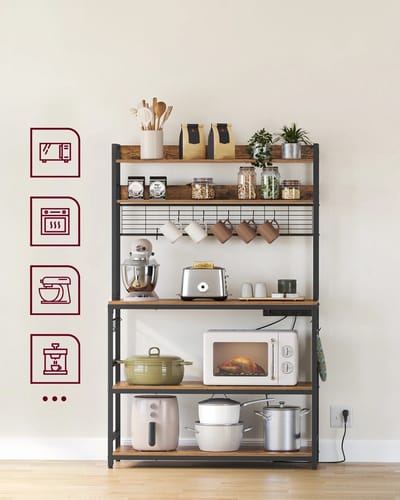 Chique, Robuuste Magnetronstandaard Opbergrek & Keukenplank & Aansluitbalk 4 Stopcontacten, 14-S Haken, 40X100X170cm Staande Plank - Bruin - Boekenplank- Standrek, Keukenplank- Stellingkast- Groot Werkplek 40x100cm- Efficiënt Ruimtegebruik- Organizer