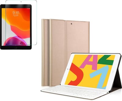 Hoes met Toetsenbord geschikt voor iPad 2020 / 2019 10.2 inch - Screenprotector GlassGuard - Book Case Cover Goud
