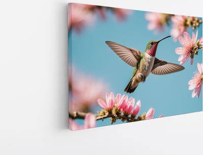 Saammp Canvas Schilderij - Kolibrie vliegt tussen de bloemen - Natuur - Dieren- 45x30 - Foto op canvas - Wanddecoratie - Muurdecoratie Woonkamer - Slaapkamer decoratie - Canvas Print
