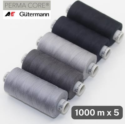 Gütermann Perma Core Naaigaren – 5 × 1000 m – Professioneel Kerngesponnen Polyestergaren – Grijstinten