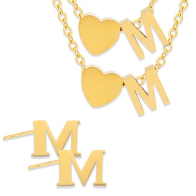 Initiaal Ketting & Armband & Oorbellen set met Letter M Goudkleurig - Stainless Steel - Met letter & Hartje! - 3x Sieraden Cadeau - Pax Amare