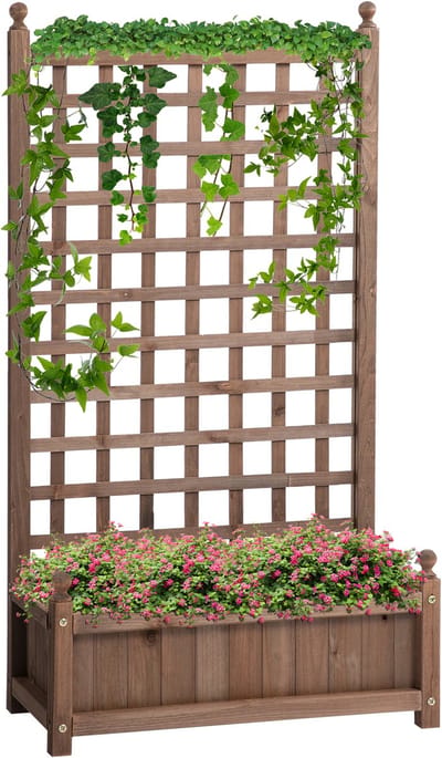 Plantenbak met klimrek - Weerbestendig - Bloembak - Met trellis - Buiten - Hout - Plantenrek - Vierkant - 18 Liter - Donkerbruin