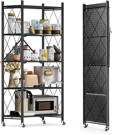 HomeMiYN Stalen Vouwrek – 5-laags Opbergrek – Stevig Stalen Frame, Verstelbare Planken, Wieltjes met Rem – Eenvoudig te Monteren – Multifunctioneel Magazijn- & Kantoorrek