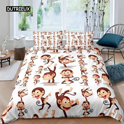 Kinderen Aap Dekbedovertrek Schattige Cartoon Dier Beddengoed Set Mooie Kleine Aap Dekbedovertrek Voor Jongens Meisjes Kind Slaapkamer Decor EU single(135x200cm)