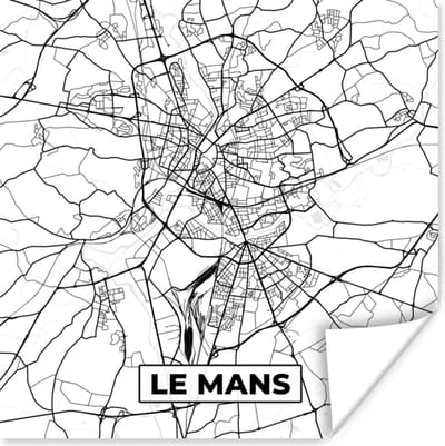 Poster Stadskaart - Le Mans - Plattegrond - Kaart - Frankrijk - Zwart wit - 100x100 cm XXL