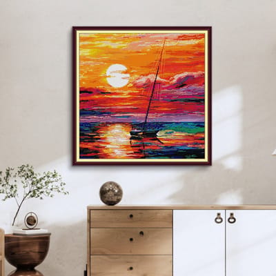 DIY kruissteekborduurpakket/Zonsondergang - Rood/gedrukt kruissteekpatroon borduurpakket (frame niet inbegrepen) 44*44CM