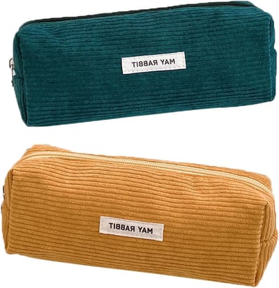 Set van 2 Corduroy Pennenhouders met Rits - Grote Capaciteit Stationery Tas voor Jongens en Meisjes, Groen en Geel, Perfect voor School en Kantoor