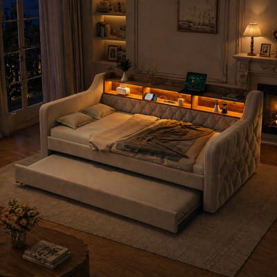 Uitschuifbed Slaapbank - Banken Met USB-C En Velvet - Beige