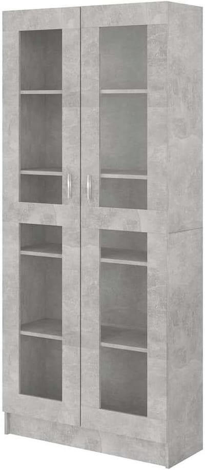 Vitrine Kast - Boekenkast Glazen Deuren - Woonkamer Opbergen - Vijf Ruime Vakken - 825 cm Breed - Betongrijs