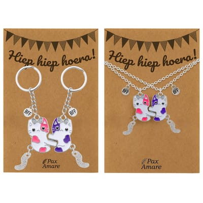 BFF Ketting + Sleutelhanger voor 2 'Hiep Hiep Hoera' - Magnetische Katjes - Bundel op Cadeau Kaartje - Zilverkleurig - Verjaardags Hanger - Pax Amare