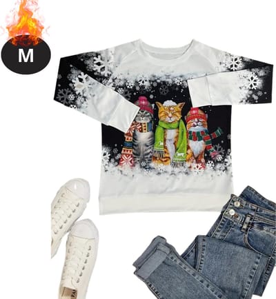 Bovista Kersttrui - Dames - Foute Kersttrui - Christmas Sweater - Kattenprint - Kerst Sweater - Christmas Jumper - Pyjama - Zwart - M