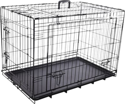 Hondenbench Nyo Zwart M – 77x47x53,5 cm – opvouwbare draadkooi met 2 deuren & lade – Flamingo hondenbench met handvat