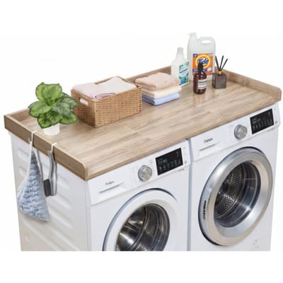 VEVOR Werkblad voor Wasmachine en Droger (137 X 69,9 cm) met Opstaande Rand en Haken, voor Organisatie en Opbergruimte In Linnenkast, voorraadkast Of Keukenblad, Draagvermogen 113 Kg, Eikenlook