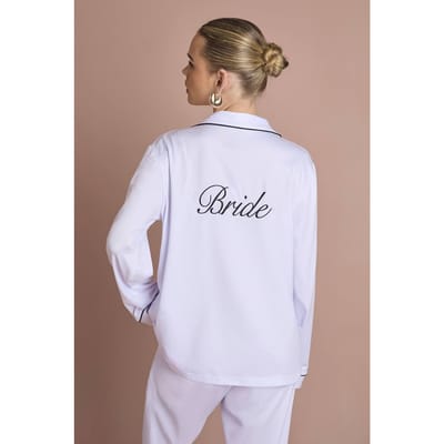 boohoo Dames Bruidspyjama 'bride' Jersey Geborduurd Shirt Met Lange Mouwen & Broek Set | Wit | Maat: 34