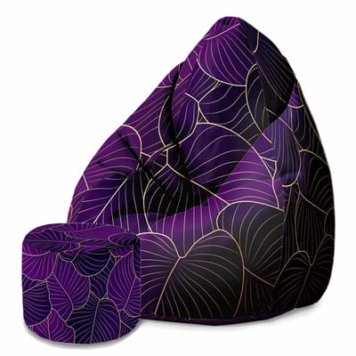 DreamRoots Velvet Zitzak voor Volwassenen – Luxe Beanbag met Voetsteun en Afneembare Hoes – Inclusief Vulling – 80x80x120 cm - Purple Leaves