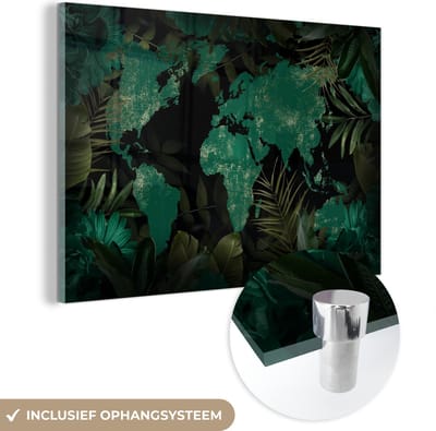 ® Glasschilderij 120x80 cm - Schilderij acrylglas - Wereldkaart - Groen - Bladeren - Foto op glas - Muurdecoratie woonkamer - Wanddecoratie slaapkamer - Schilderijen