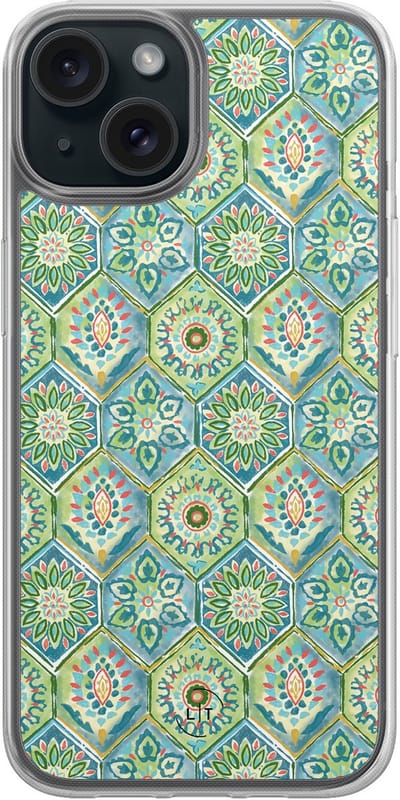 Hoesje geschikt voor iPhone 15 - Bohemian vibes - 2in1 backcover - Print / Illustratie - Groen, Blauw - Leuke Telefoonhoesjes