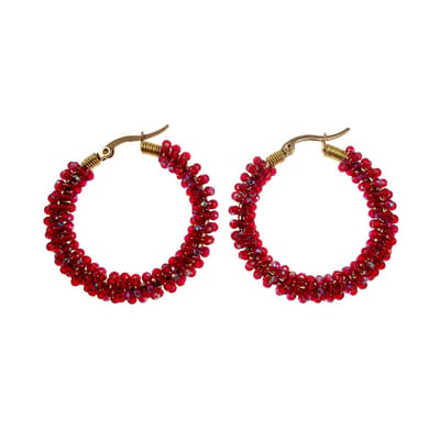 ∅35mm x 6mm Oorringen Dames - Verguld RVS - Omwikkeld Oorbellen met Rode Gefacetteerde Kristallen