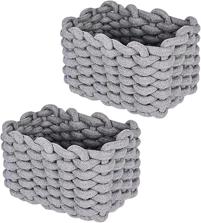 Opbergmand van Katoen, Gevlochten Mand voor Toiletpapier, Cosmetica, Speelgoed en Huishoudaccessoires, 19 x 15 x 12 cm, Grijs, Set van 2, Duurzaam en Stijlvol